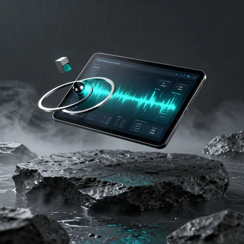 Tablette dashboard graphite au-dessus de basalte mouillé, anneaux métalliques et cube lumineux cyan.