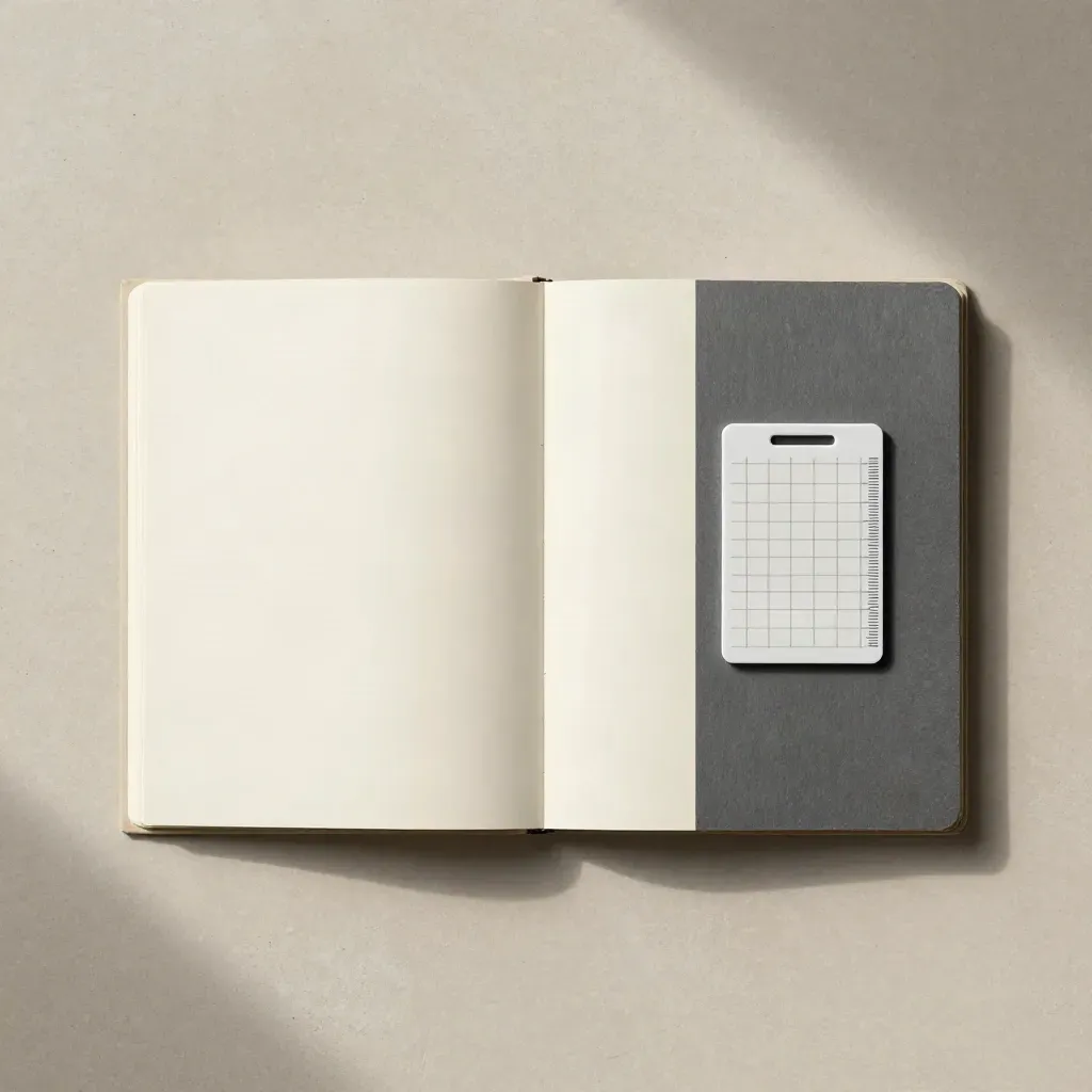 Flatlay d’un module de rapport hebdo, folio plié, carnet ardoise et carte de synchronisation sur béton clair.