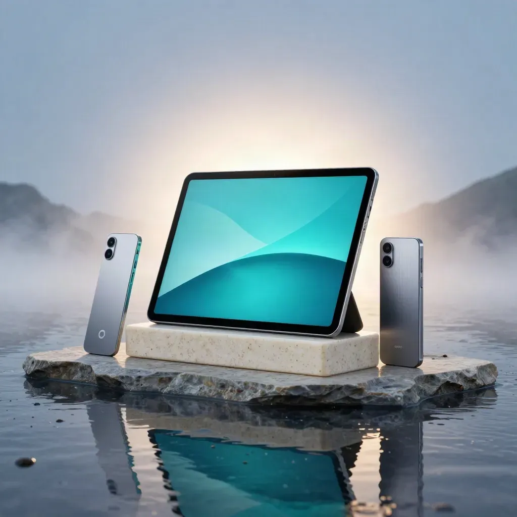 Tablette analytique en verre sur travertin, halo cyan et modules fins sur fond bleu nuit.