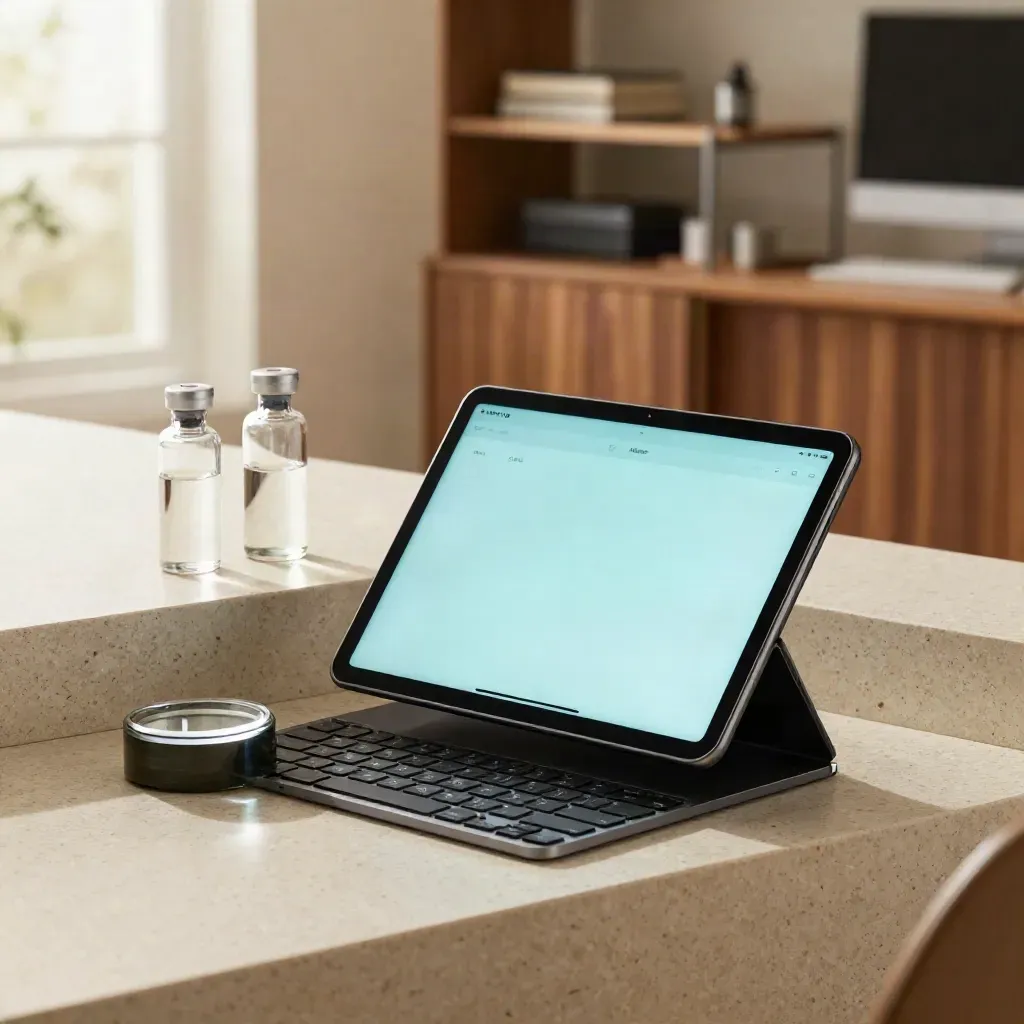 Tablette d’analytique de ventes, dock clavier, presse-papier et fioles en verre sur travertin.