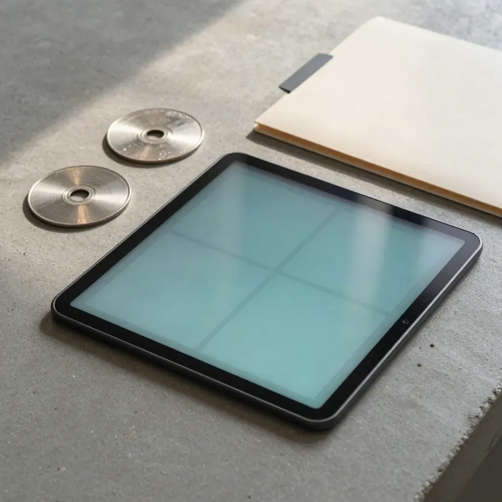 Tablette paysage, disques métalliques et dossier fermé sur béton gris, lumière douce.