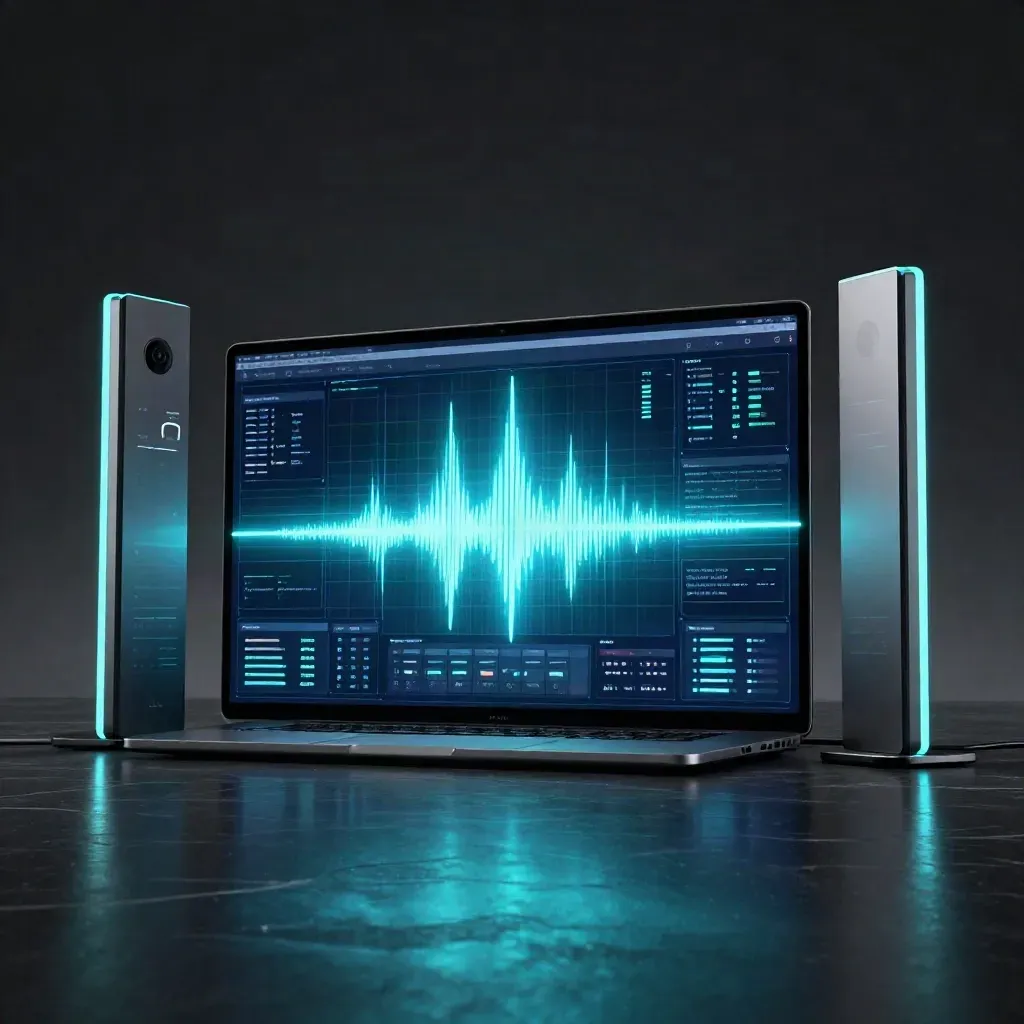 Pack de croissance avec écran de dashboard lumineux et deux tours cyan sur fond sombre.