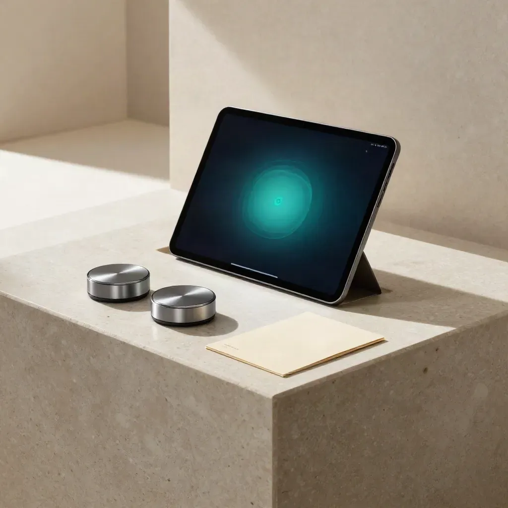 Kit KPI en travertin avec tablette, deux pucks et carte pliée, lumière douce.