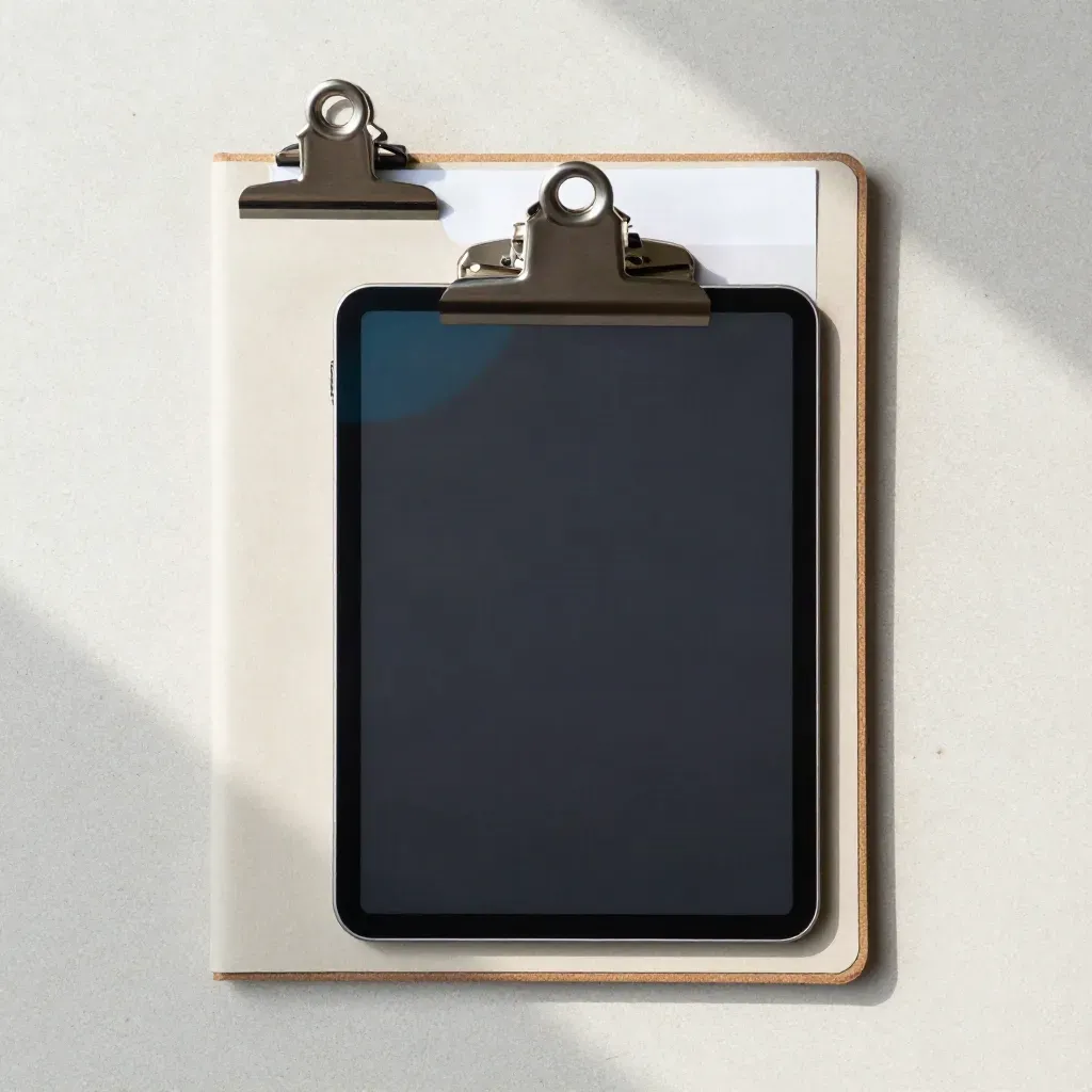 Vue du dessus d’un folio PDF client, d’une tablette et de deux clips métal sur pierre claire.