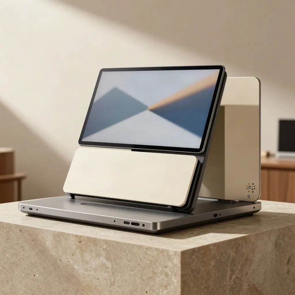 Kit agence de tableaux de bord sur socle en pierre, avec écrans superposés et coffret mat.