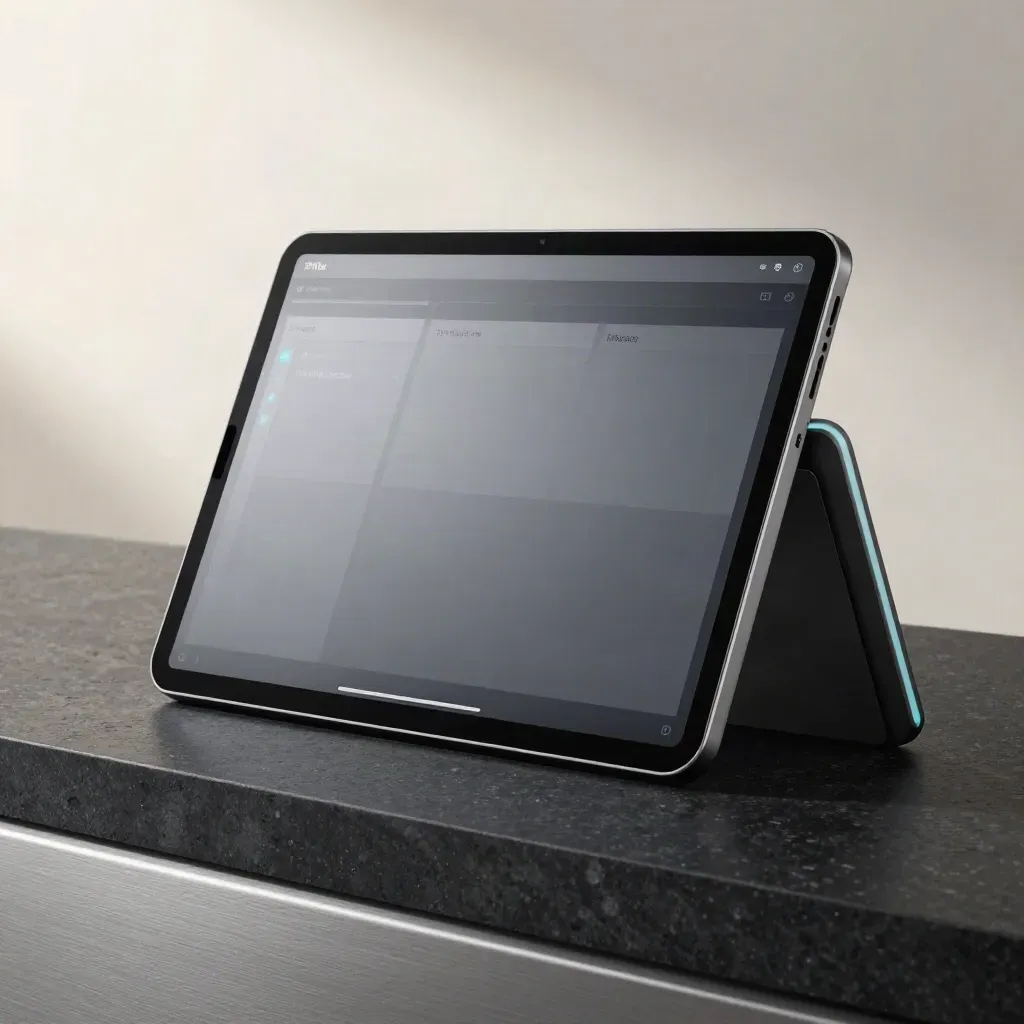 Kit dashboard premium en triangle, tablette maître et deux modules sur fond graphite.