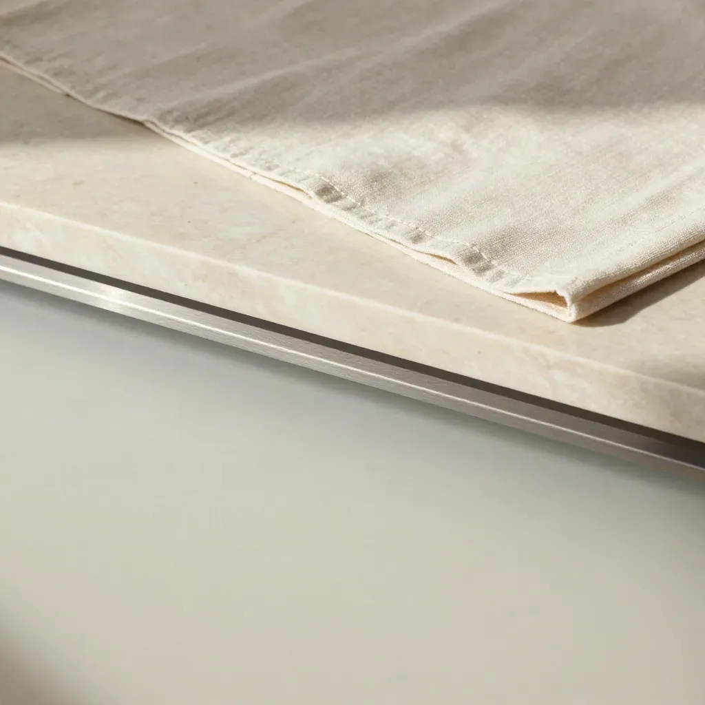 Surface en marbre crème avec lin plié et lumière douce en haut du cadre.